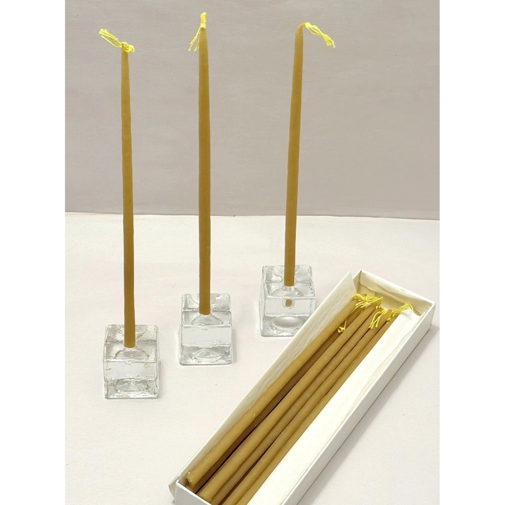Art Glass VTG Cube Candle Holder Taper Mini Beeswax Candles MCM 3PC Set Findland